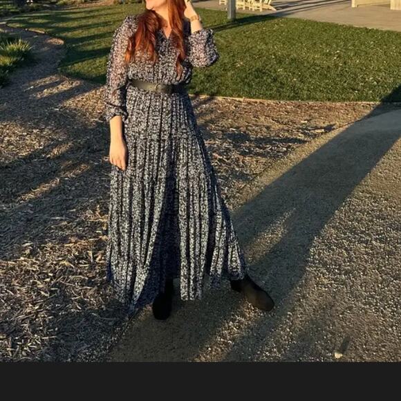 Misa Blue Tiered Ruffle Maxi Dress LARGE Chiffon Cottage Western Designer $485 - Picture 9 of 9